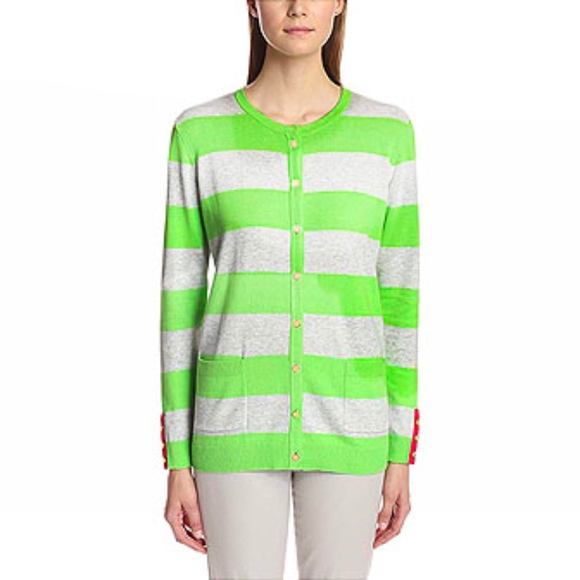 Joan Vass Striped Cardigan Margarita Green & Grey - Picture 1 of 3